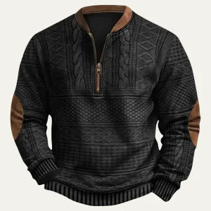Siena Herrenpullover mit Halbreißverschluss, gemustert, mit Ellbogen-Patches