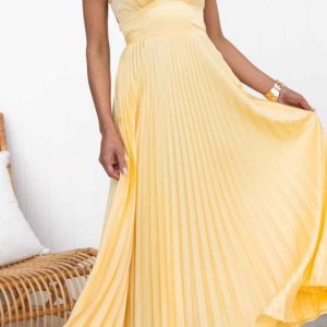 Maxikleid Damen Plissee V-Ausschnitt Gelb